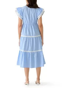 Women's Flutter Sleeve Contrast Trim Midi Dress