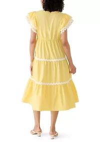 Women's Flutter Sleeve Contrast Trim Midi Dress