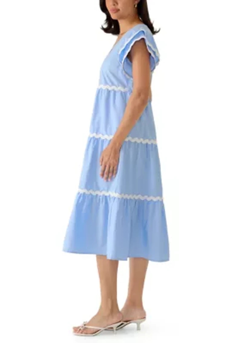 Women's Flutter Sleeve Contrast Trim Midi Dress