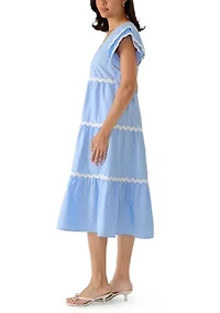 Women's Flutter Sleeve Contrast Trim Midi Dress