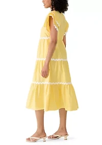 Women's Flutter Sleeve Contrast Trim Midi Dress