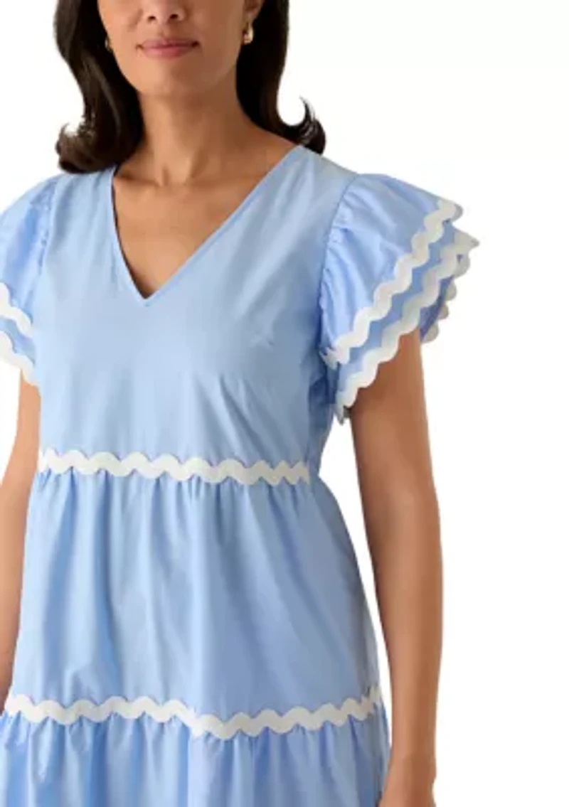 Women's Flutter Sleeve Contrast Trim Midi Dress