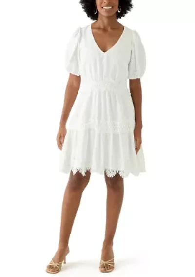 Women's Short Sleeve V-Neck Solid Cotton Fit and Flare Dress