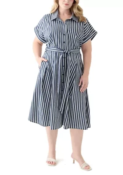 Plus Short Sleeve Collar Striped Shirtdress