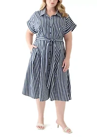 Plus Short Sleeve Collar Striped Shirtdress