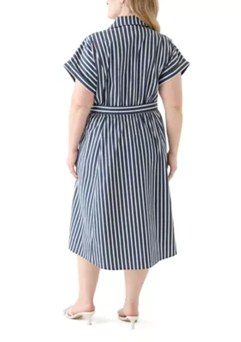 Plus Short Sleeve Collar Striped Shirtdress