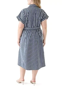 Plus Short Sleeve Collar Striped Shirtdress