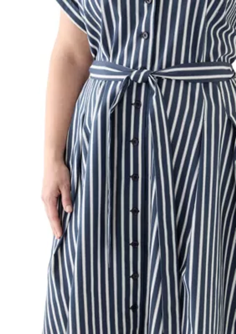 Plus Short Sleeve Collar Striped Shirtdress