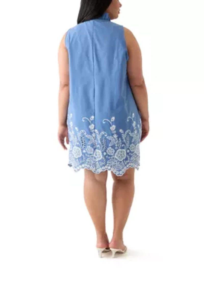 Plus Sleeveless V-Neck Embroidered Chambray Dress