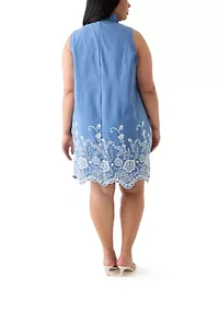 Plus Sleeveless V-Neck Embroidered Chambray Dress