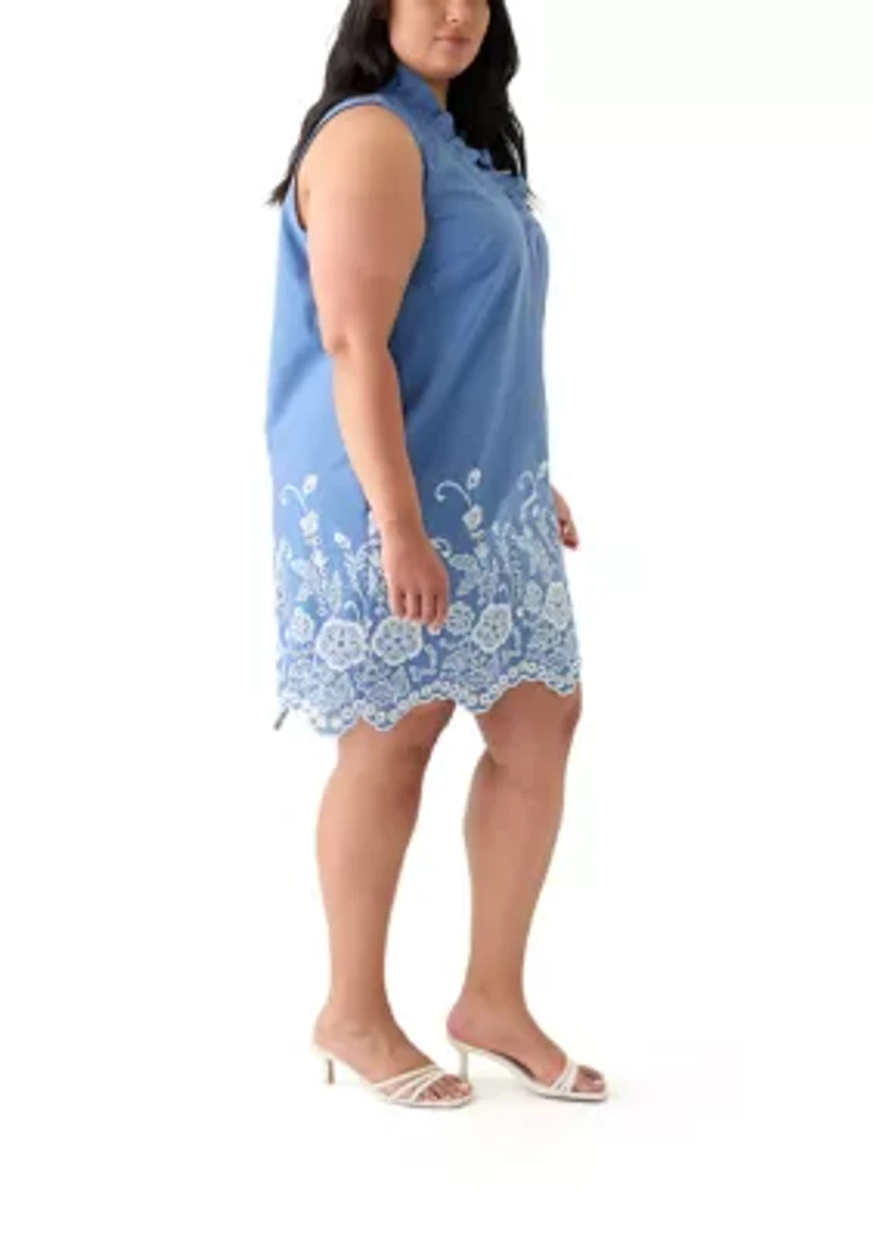 Plus Sleeveless V-Neck Embroidered Chambray Dress