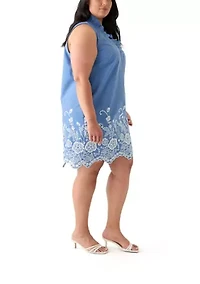 Plus Sleeveless V-Neck Embroidered Chambray Dress