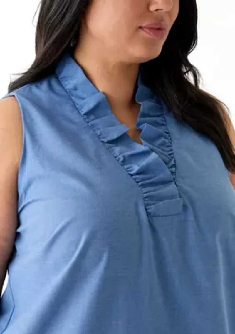 Plus Sleeveless V-Neck Embroidered Chambray Dress