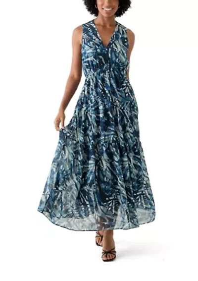 Women's Sleeveless V-Neck Leaf Print A-Line Dress