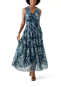 Women's Sleeveless V-Neck Leaf Print A-Line Dress