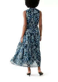 Women's Sleeveless V-Neck Leaf Print A-Line Dress