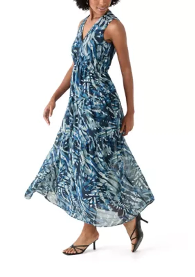 Women's Sleeveless V-Neck Leaf Print A-Line Dress