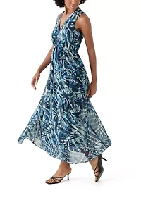 Women's Sleeveless V-Neck Leaf Print A-Line Dress