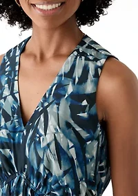 Women's Sleeveless V-Neck Leaf Print A-Line Dress
