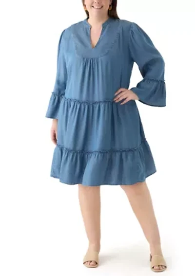 Plus 3/4 Sleeve Split Neck Tiered Ruffle Dress