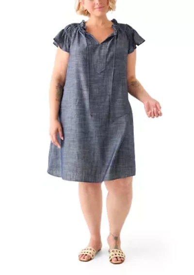 Plus Split Neck A-Line Denim Dress
