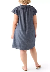 Plus Split Neck A-Line Denim Dress