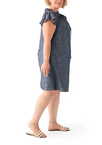 Plus Split Neck A-Line Denim Dress