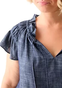 Plus Split Neck A-Line Denim Dress