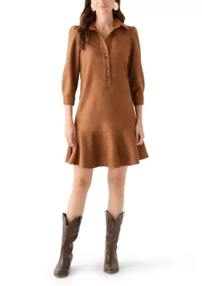 Women's 3/4 Sleeve Collar Neck Solid Suede A-Line Dress