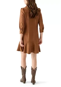 Women's 3/4 Sleeve Collar Neck Solid Suede A-Line Dress