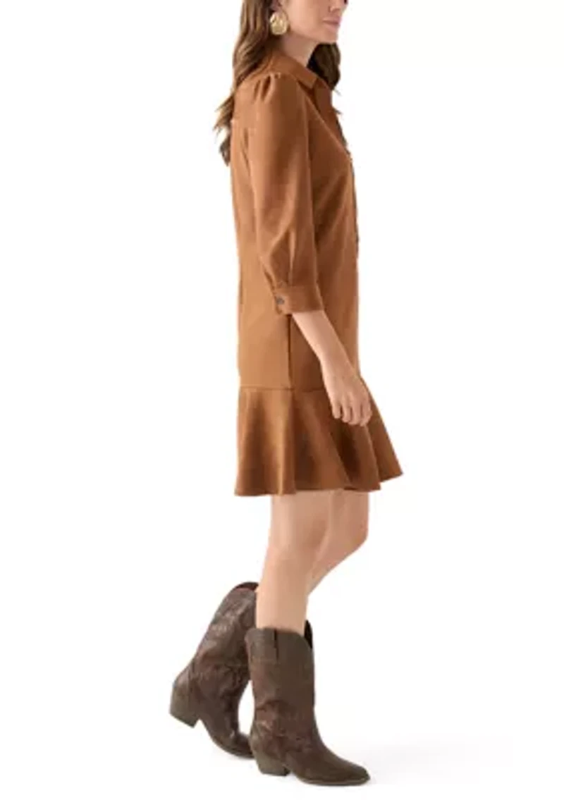 Women's 3/4 Sleeve Collar Neck Solid Suede A-Line Dress