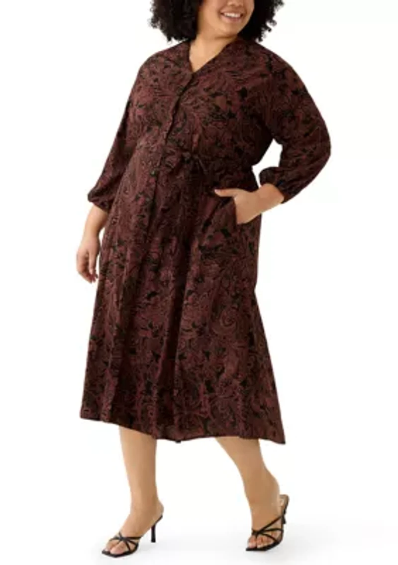 Plus Long Sleeve Paisley Crepe A-Line Dress