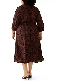 Plus Long Sleeve Paisley Crepe A-Line Dress
