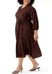 Plus Long Sleeve Paisley Crepe A-Line Dress