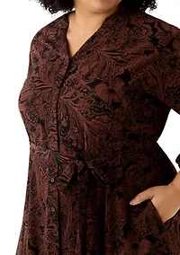 Plus Long Sleeve Paisley Crepe A-Line Dress