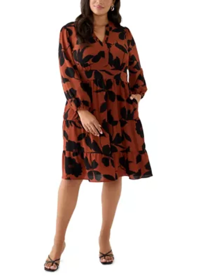 Plus Long Sleeve Floral Midi Dress