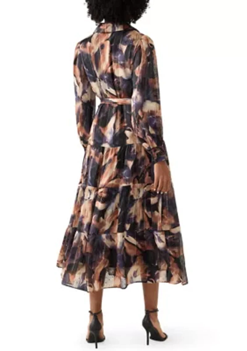 Women's Three-Quarter Sleeve Collar Neck Floral Print Satin Mini Dress