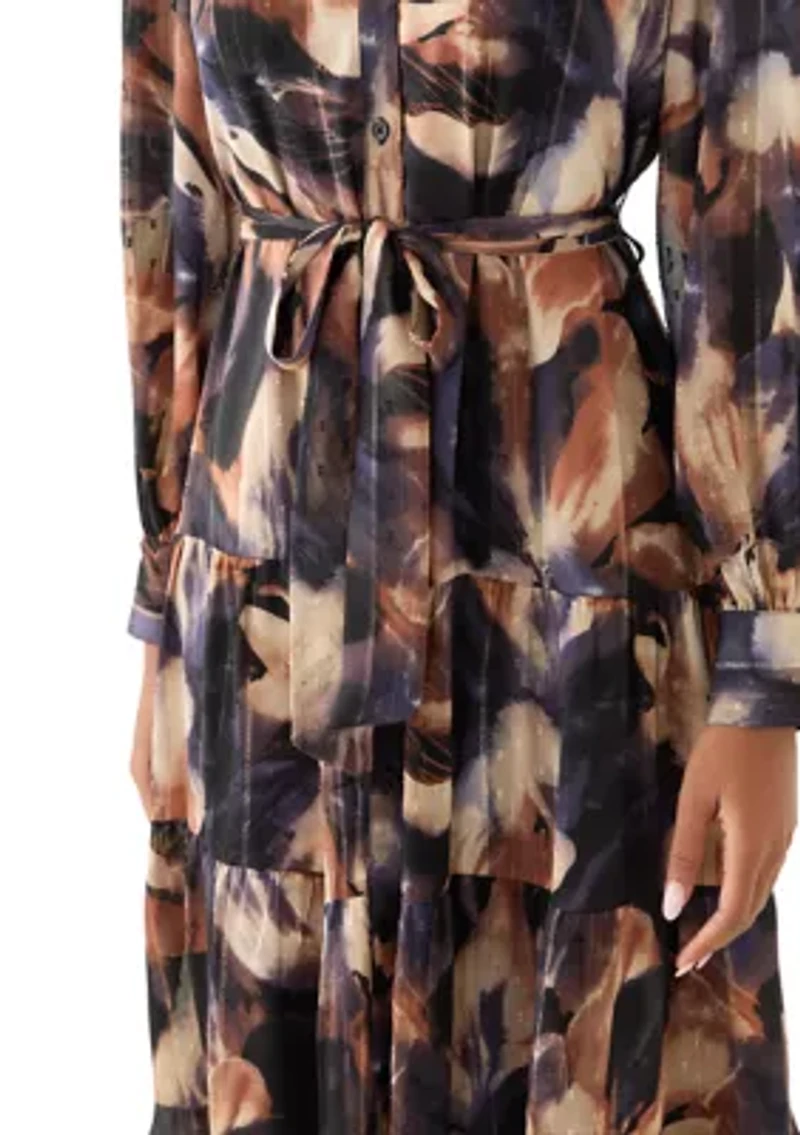 Women's Three-Quarter Sleeve Collar Neck Floral Print Satin Mini Dress