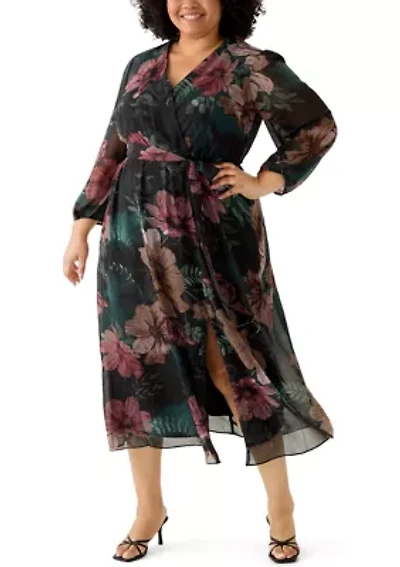 Plus Long Sleeve Floral Midi Dress