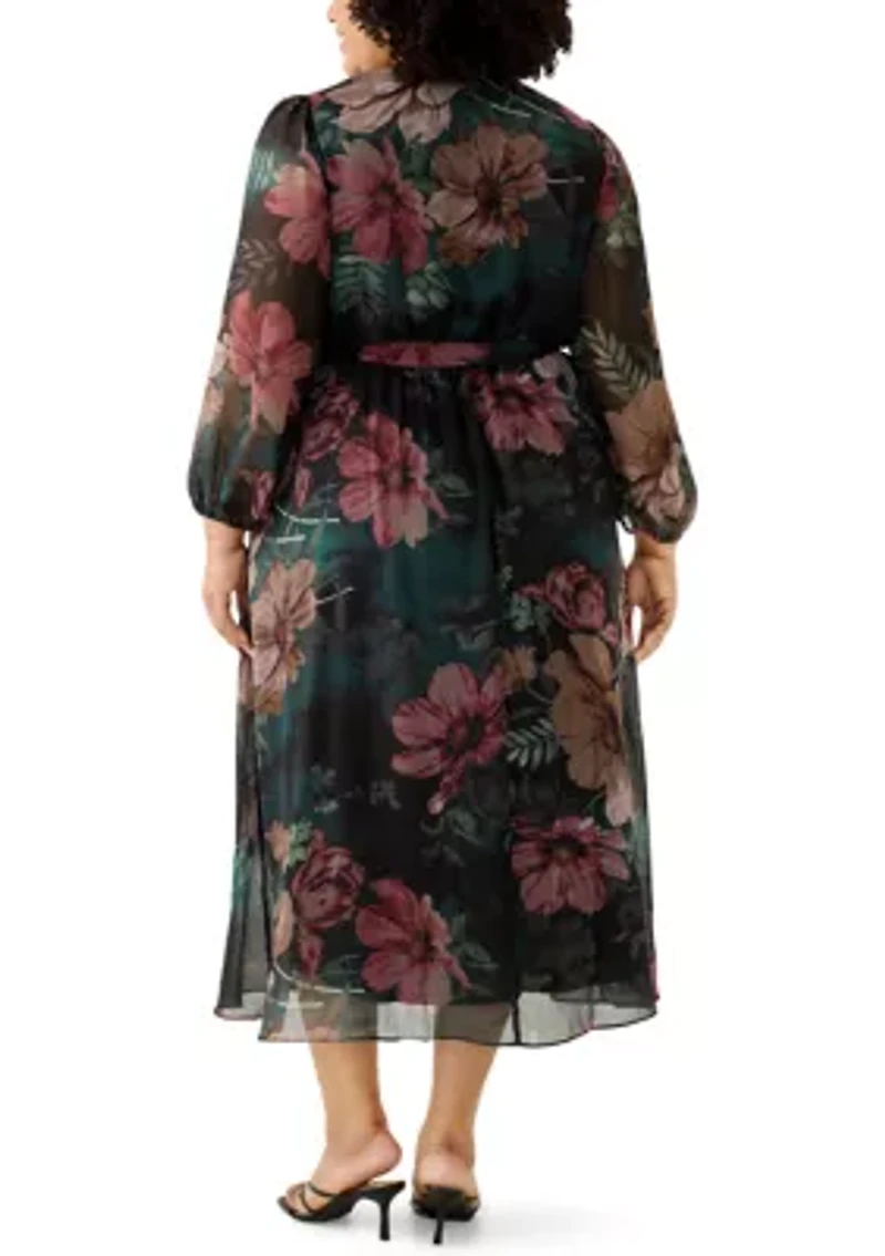 Plus Long Sleeve Floral Midi Dress