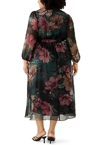 Plus Long Sleeve Floral Midi Dress