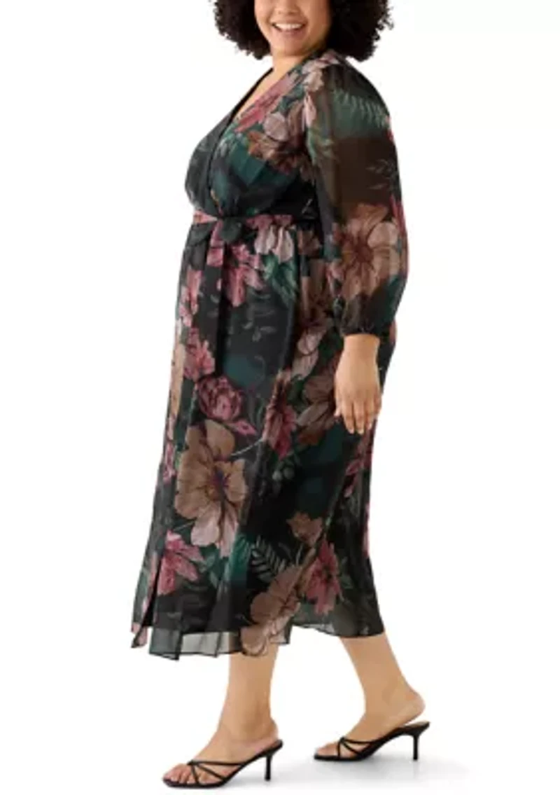 Plus Long Sleeve Floral Midi Dress