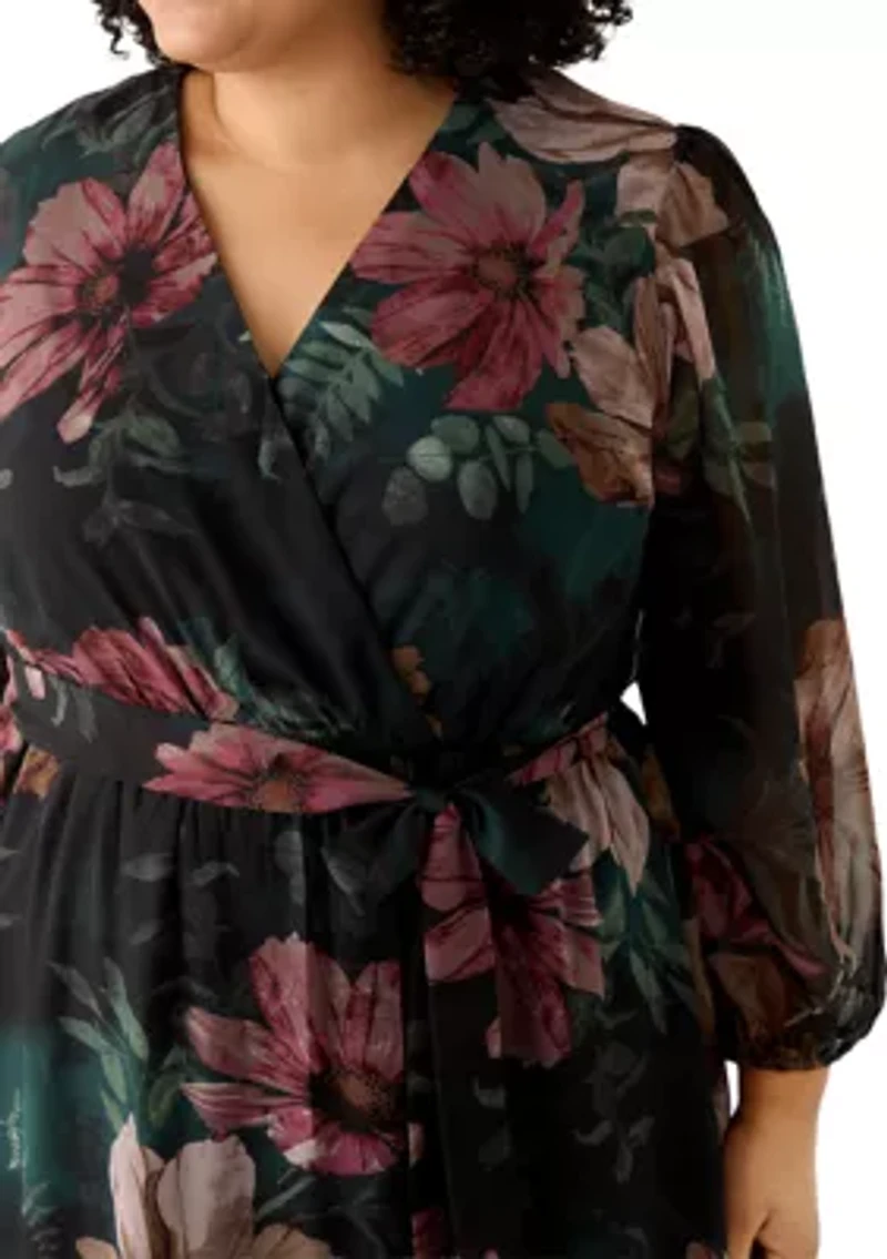 Plus Long Sleeve Floral Midi Dress