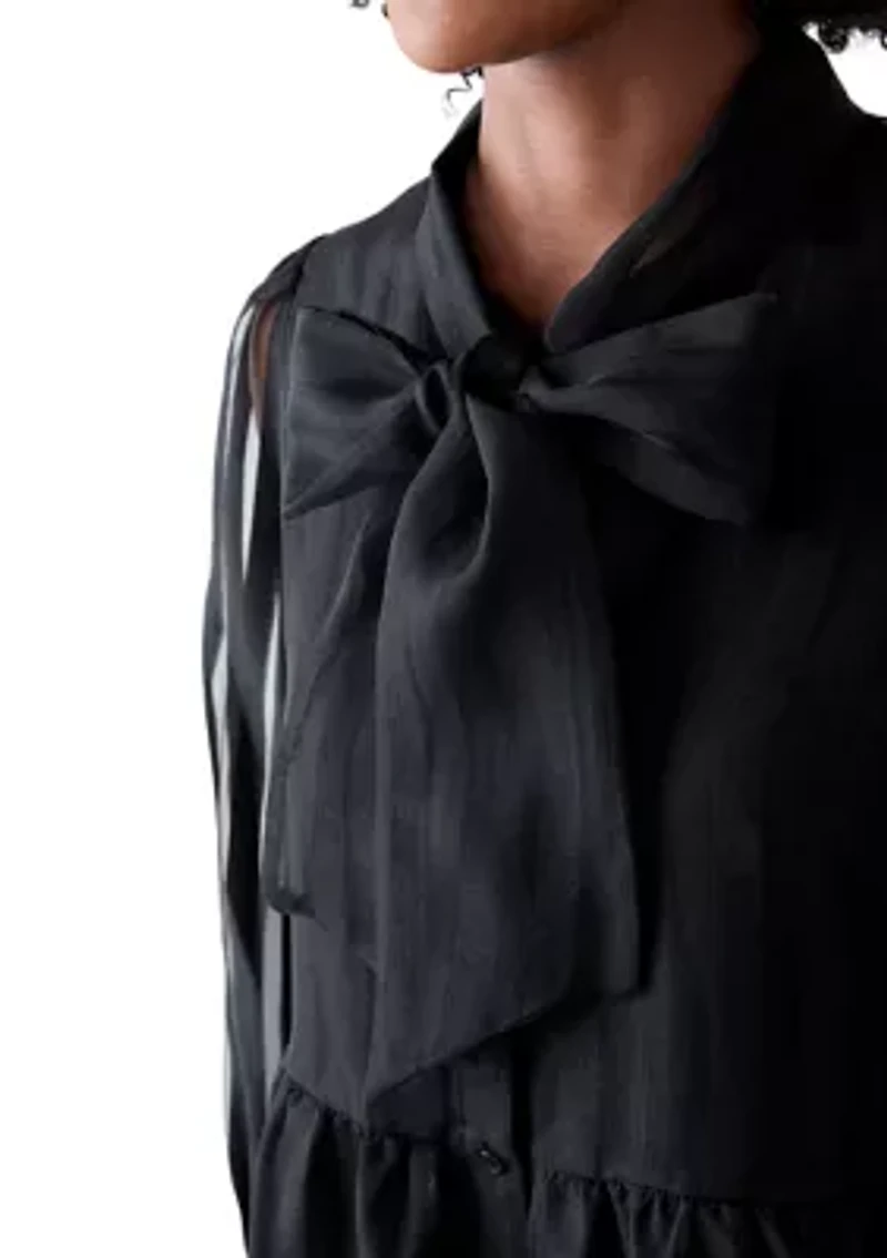 Women's Long Sleeve Bow Mock Neck Organza Dress