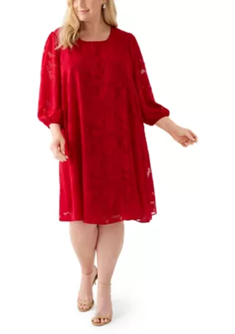 Plus Long Sleeve Jacquard Chiffon Dress