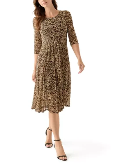 Women's 3/4 Sleeve Mock Neck Animal Print Mesh Dress
