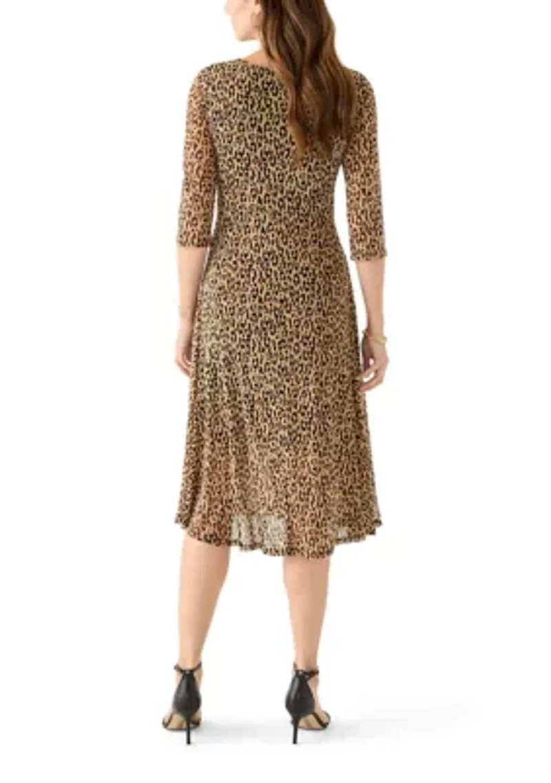 Women's 3/4 Sleeve Mock Neck Animal Print Mesh Dress