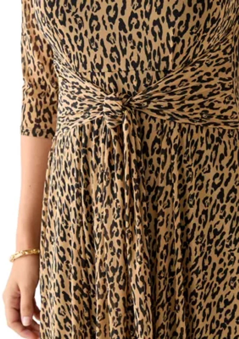 Women's 3/4 Sleeve Mock Neck Animal Print Mesh Dress