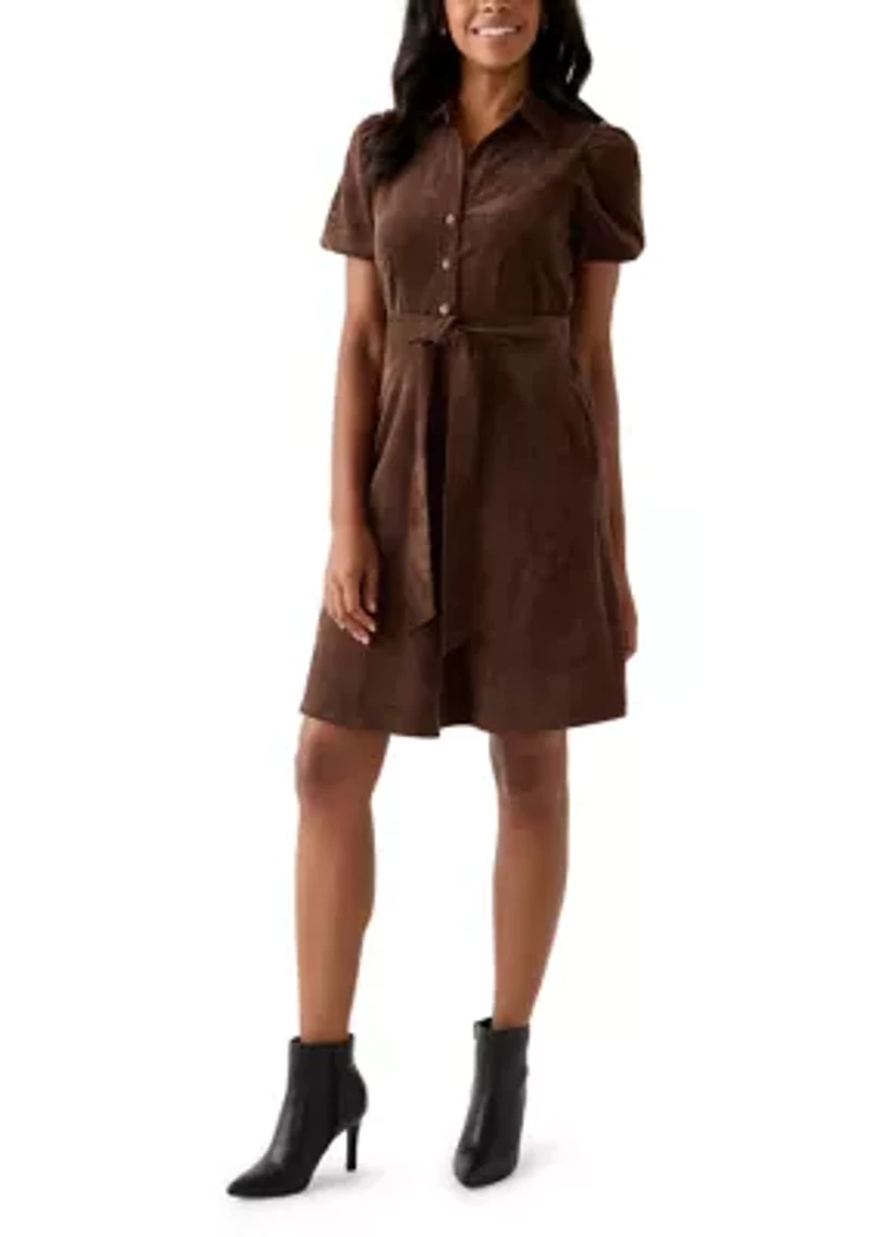 Women's Puff Sleeve Button Up Corduroy Midi Dress with Tie