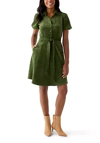 Women's Puff Sleeve Button Up Corduroy Midi Dress with Tie
